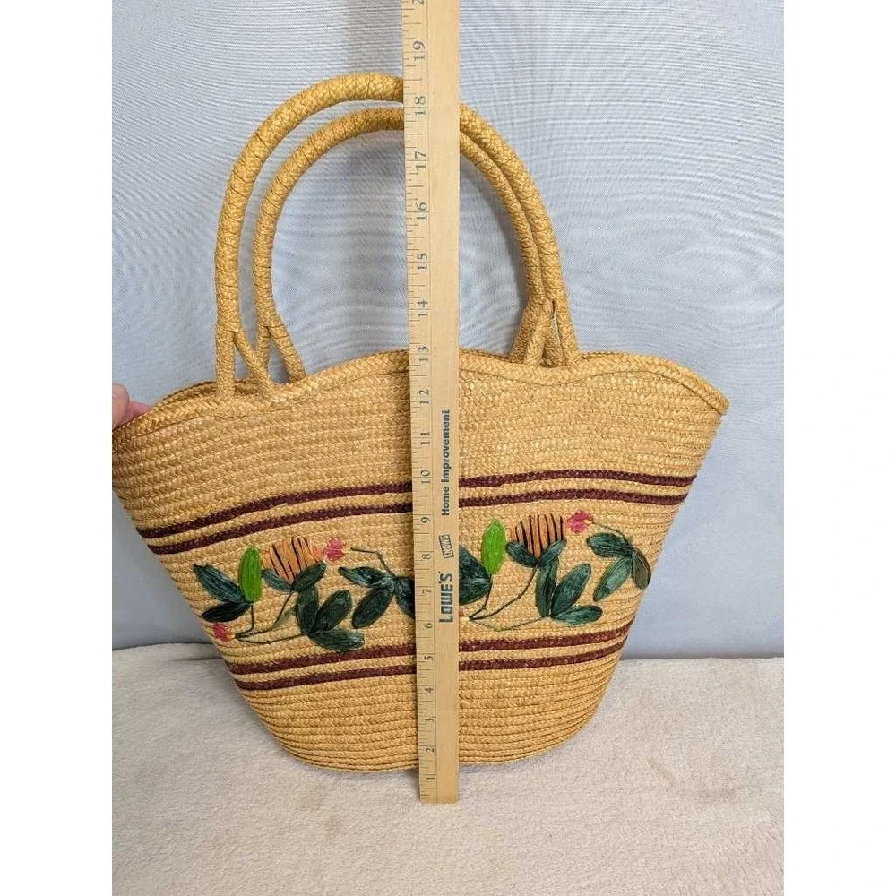 Woven Straw Tote‎ Bag Floral Embroidery Burgundy Stripes Summer Beach Purse